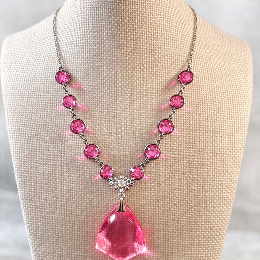 Art Deco Sterling Silver Pink Crystal Necklace
